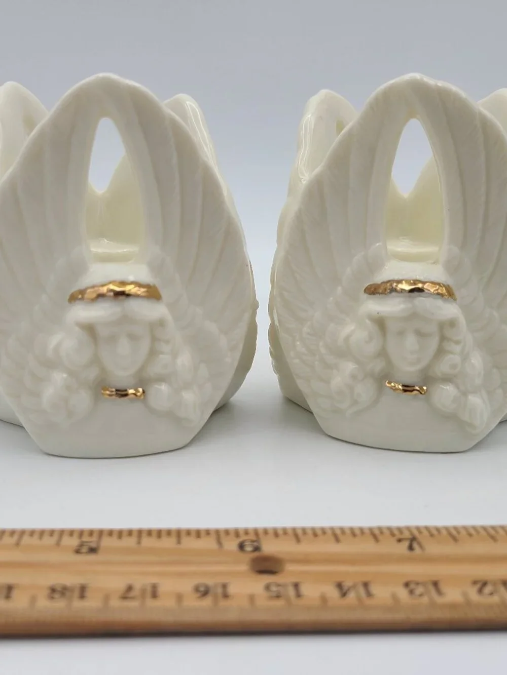 Pair of Porcelain Angels Trio Candlestick Holder Gold Accents Taiwan R.O.C.